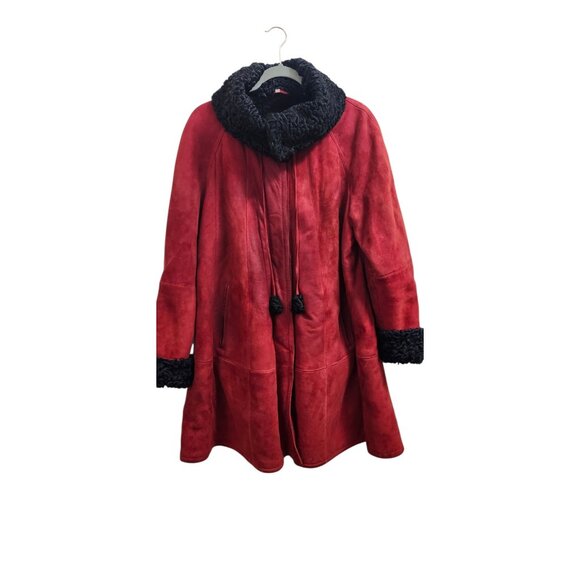 Vintage Red Suede Coat with Black Fur Trim Women’s Winter Jacket Size 40 - Picture 2 of 16